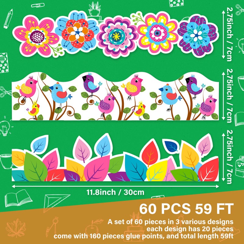 Sabary 59 ft Spring Bulletin Board Border Springtime Border for Bulletin Board Flower Birds Print Colorful Removable Blackboard Border for School Offices Classroom Decor - Image 2